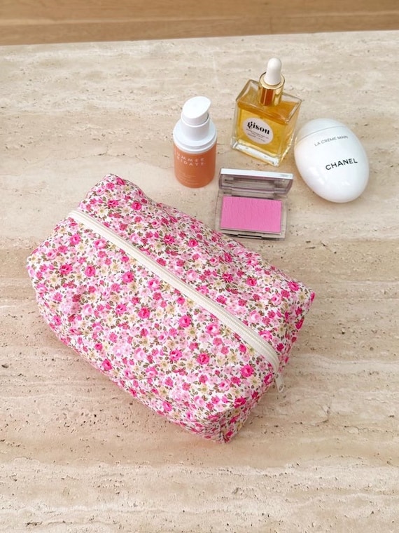 Little Bear Flower Cosmetic Bag Quilted Cotton Case Pouch Zipper Flip Large  Bag