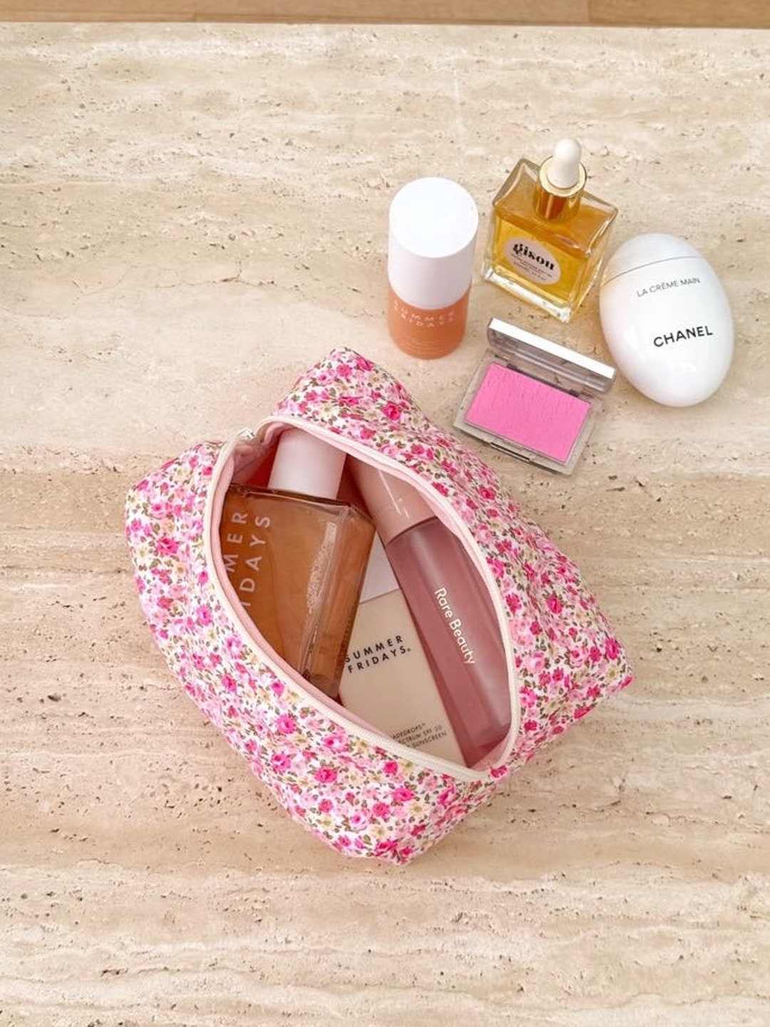 Makeup Bag Quilted Cosmetics Bag Dark Pink Beige Floral 