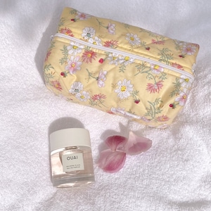Makeup Bag - Quilted Cosmetics Bag - Yellow Pastel Floral - Toiletry Travel Bag