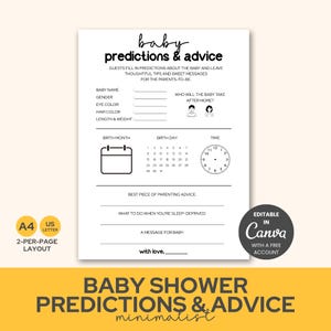 Baby Shower Predictions and Advice Cards | Minimalist & Modern Baby Shower Game | Editable Canva Template | Printable Baby Prediction Cards