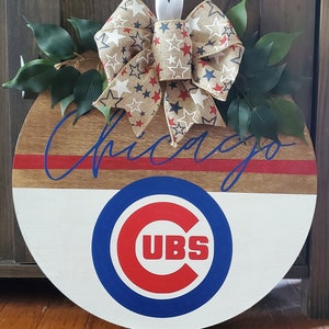 Cheer on the Cubs with this Red, White, and Blue Baseball Season Front Door Hanger