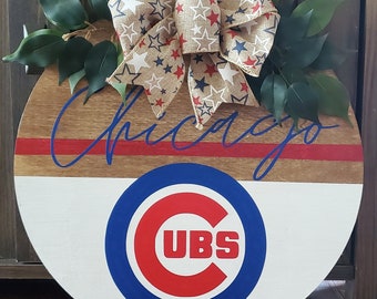 Cheer on the Cubs with this Red, White, and Blue Baseball Season Front Door Hanger