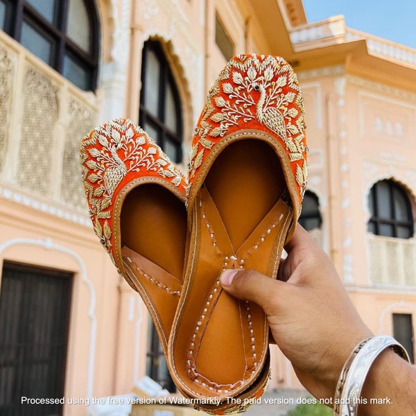 Handmade Punjabi Jutti, Orange Wedding Bridal Shoes - Bridesmaid Footwear, Woman Khussa. Ethnic Charm in Every Step of Woman's Journey.".