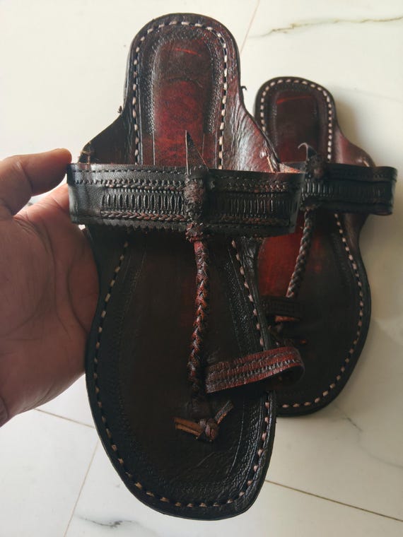 Handcrafted brown Kolhapuri Leather Sandals for Women, Traditional Indian Ethnic Flats, t strap boho Made Slip-On Footwear, Minimal Style.
