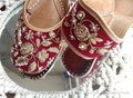 red Velvet Bridal Jutti with Hand Beading, Gold Zari Embroidery, Wedding Khussa Flats, Festive Ethnic Footwear, Traditional Party Wear Shoes product logo