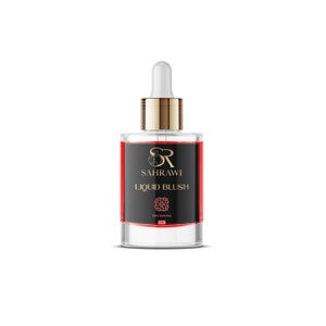 Puede incluir: Una botella de vidrio transparente con un gotero dorado y una etiqueta negra. La etiqueta dice "SAHRAWI LIQUID BLUSH 100% NATURAL 30 ml".