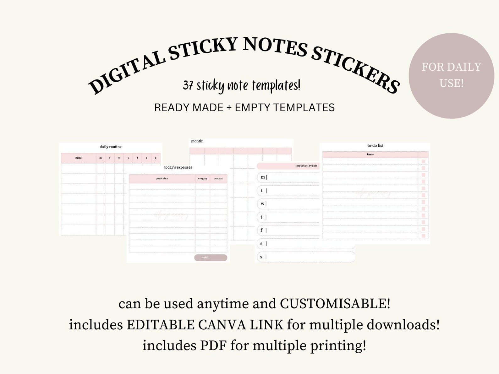 Daily Sticky Notes Templates | Digital and Printable | Editable on ...
