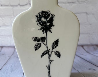Spooky Vase, White with Black Rose, Use as Halloween Decoration or Year Round Goth Home Decor