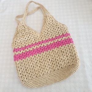 Handgemachte Papier Seil Schultertasche mit Doppel Rosa Linien für Frauen / Alle Anlass Taschen / Papiergarn gewebt Häkeln Tasche