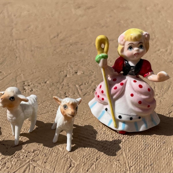 Little Bo Peep Porcelain Figurines. Three Nursery Rhyme Figurines. Bo Peep, 2 Sheep. Miniatures. Made In Japan. Bone China. 1960s.