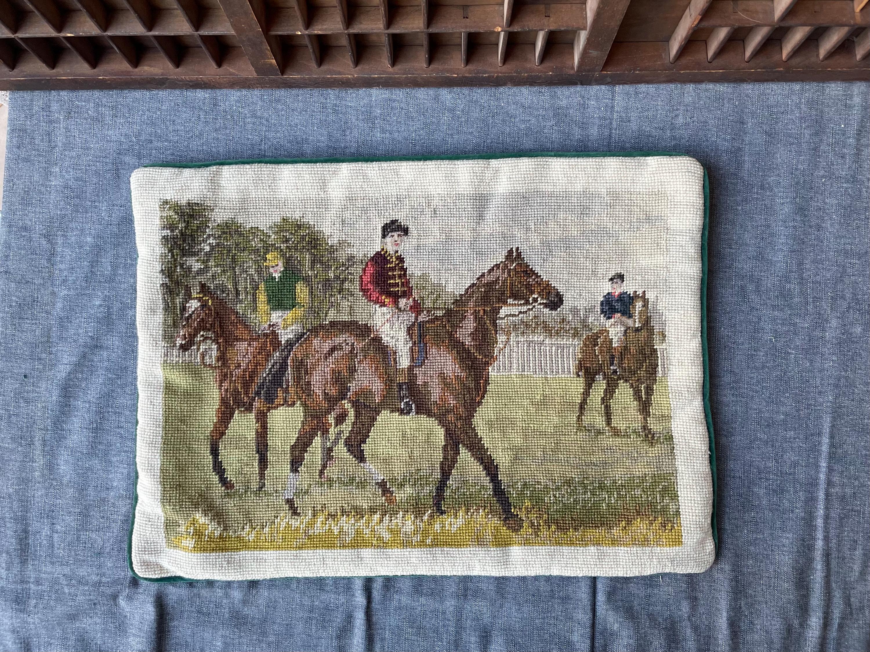 English Jockeys Needlepoint Pillow Cover. 19x14. Dark Green Velveteen Backing.