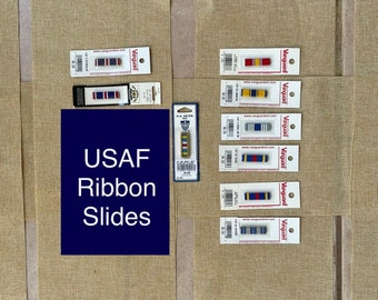 USAF Ribbon Slides, Outstand Award, Training, Overseas Long Tour, Commend, Achievement, Nat Defense, Joint Merit Citation W/ Frame. NOS.