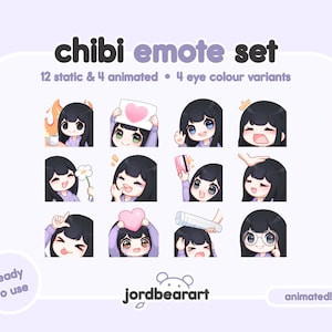 4 アニメーション 12 パステル チビ ストリーマー 黒髪 快適 エモート セット かわいい Twitch エモート スターター キット - Twitch Discord ですぐに使用可能