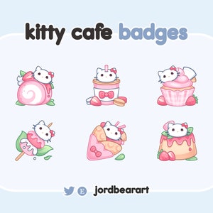 6 HK White and Pink Kitty Strawberry Cafe Loyalty Badges - Ready To Use for Twitch / Discord - Sub & Bit Badges