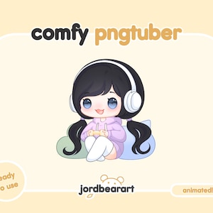 PNGTuber ちびゲーマーガール 黒髪 青い目 • リアクティブイメージ Twitch ストリーミングアバター OBS Streamlabs ですぐに使用およびダウンロード可能