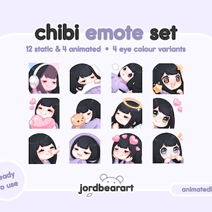 4 アニメーション 12 パステル チビ ストリーマー 黒髪 快適 エモート セット かわいい Twitch エモート スターター キット - Twitch Discord ですぐに使用可能