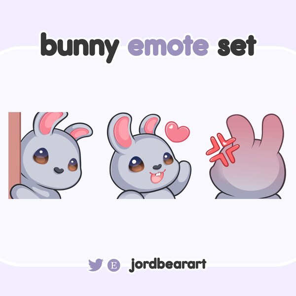 3 Emote Set Cute Grey Bunny Rabbit Brown Eyes Emotes Wave Hello Heart Angry Rage Peek - Ready To Use for Twitch / Discord