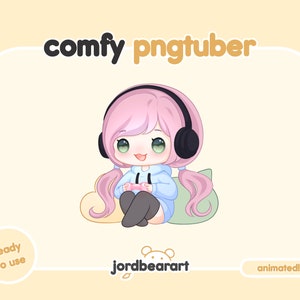 Chibi Gamer Girl PNGTuber Avatar: Pink Hair, Green Eyes (Ready to Use)