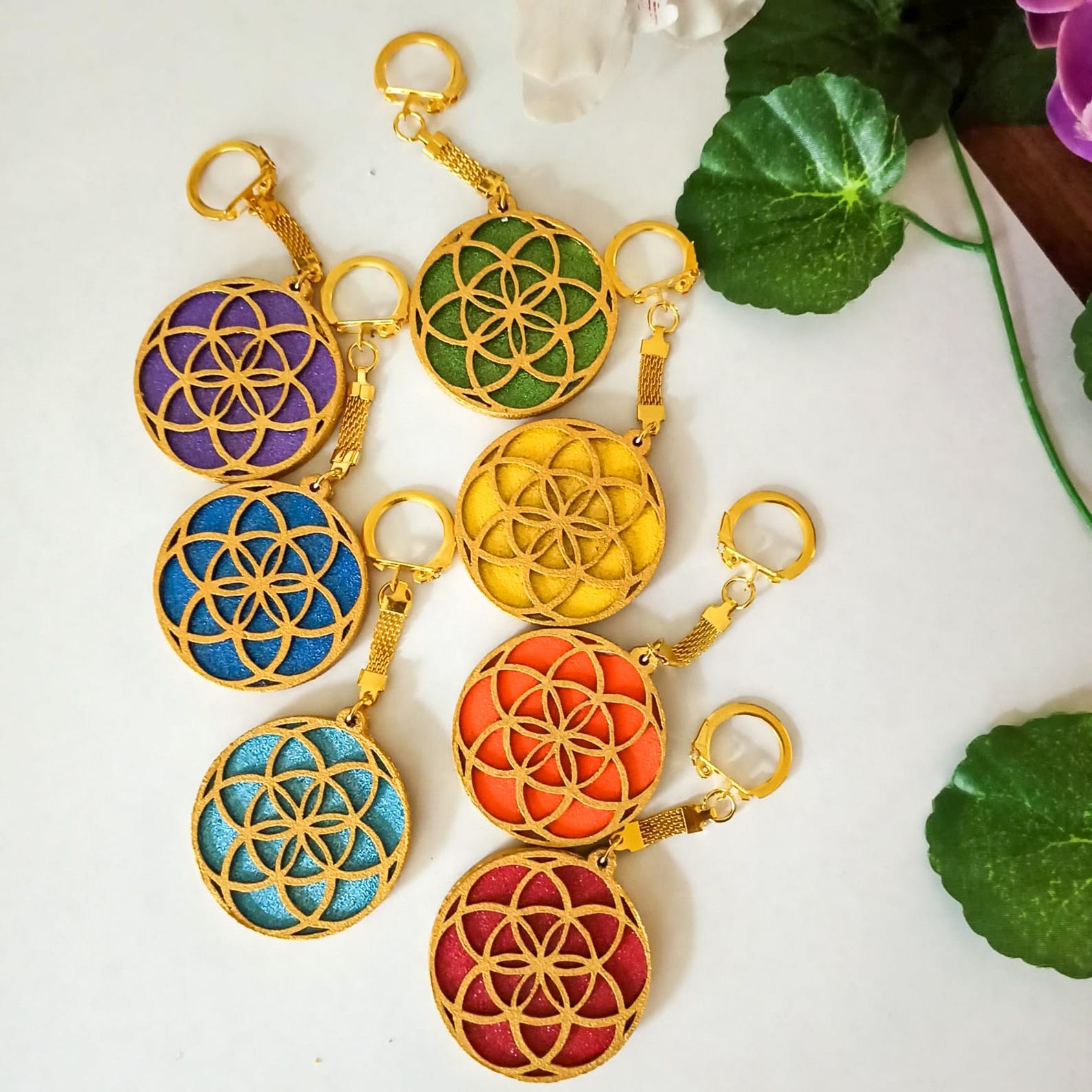 Chakra Flower of Life Keychain Set: Wooden Sacred Geometry Keychains - Etsy