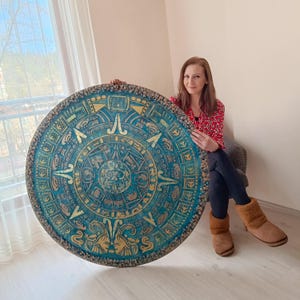 Large Hand-Painted Mayan Calendar Wall Art, Aztec Calendar, Spiritual Aztec Sun Stone Decor, Boho Ethnic Mandala, Sacred Symbol Home Decor
