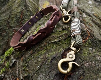 Dog leash made of rope I Tauleine | Leather collar | Set | Premium dog leash rope | Olive