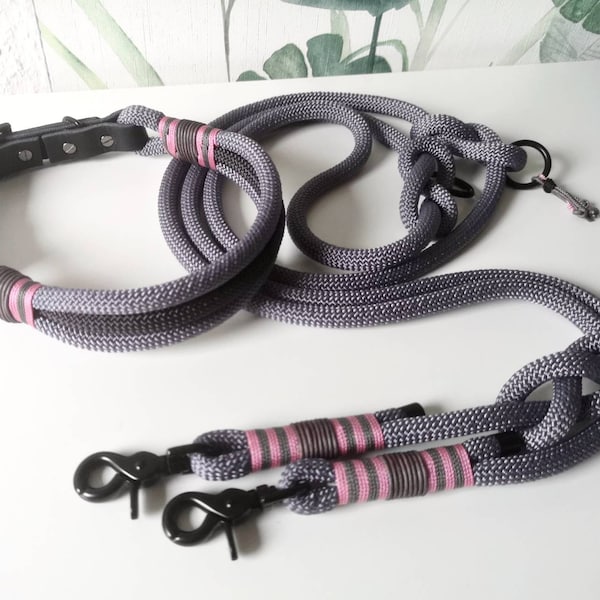 Dog leash and collar in a set I Tauleine | Dew collar adjustable I premium dog leash rope grey
