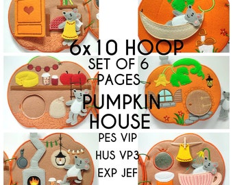 SET of 6 pages, Pumpkin house Quiet book embroidery design, 6x10 hoop, toddler quiet book pattern, In the hoop, machine embroidery design