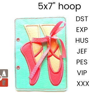 May include: A 5x7 inch hoop embroidery design of a pair of red ballet shoes with a pink ribbon and white polka dots. The design is on a light green felt background.