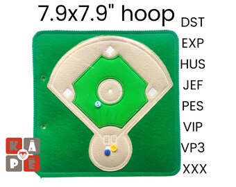 May include: A green felt baseball field with a beige infield and white bases. The field is 7.9 inches by 7.9 inches and is designed for embroidery.