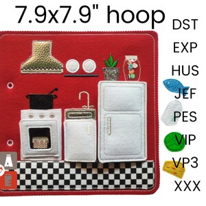 May include: A red felt kitchen scene with embroidered details, including a stove, sink, refrigerator, and overhead vent. The design includes a black and white checkered border and the text "7.9x7.9" hoop".
