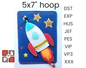 May include: A felt rocket ship with a blue, white, and red design on a blue felt background with yellow stars. The felt board is 5x7 inches and has a red stitched border.