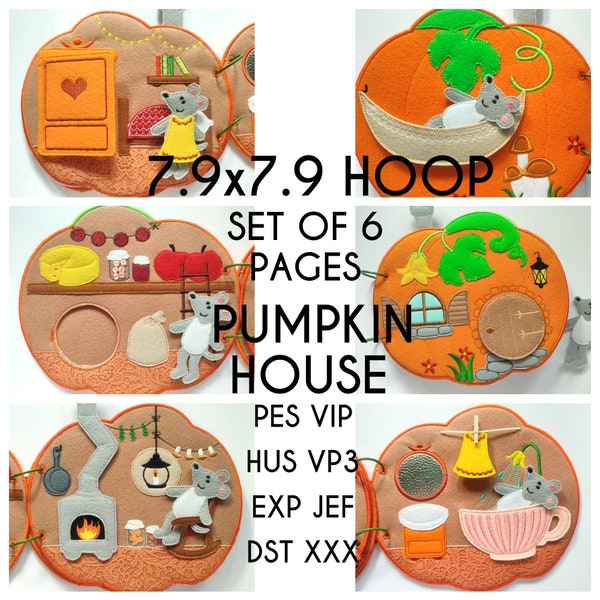 SET of 6 pages, Pumpkin house Quiet book embroidery design, toddler quiet book pattern, In the hoop, machine embroidery applique design
