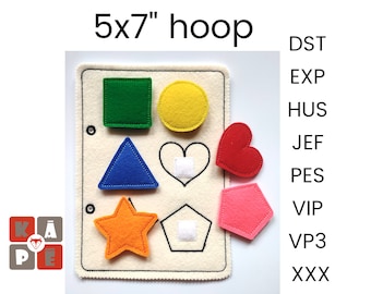 Shape matching quiet book page embroidery design, Toddler quiet book pattern, In the hoop activity design, machine embroidery applique