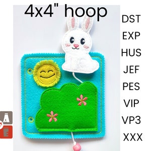 Bunny hiding quiet book page embroidery design, Toddler quiet book pattern, In the hoop activity design, machine embroidery applique design