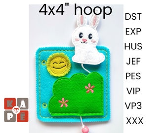May include: A 4x4 inch embroidery hoop with a white bunny, a yellow sun, and a green bush with pink flowers on a blue background. The hoop is for embroidery projects and includes the file formats DST, EXP, HUS, JEF, PES, VIP, VP3, and XXX.