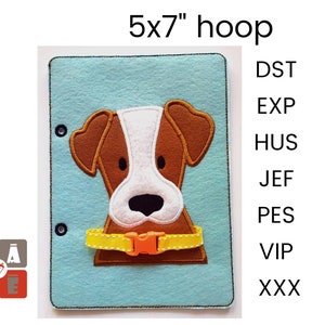 Dog buckle quiet book page embroidery design, Toddler quiet book pattern, In the hoop activity design, machine embroidery applique design