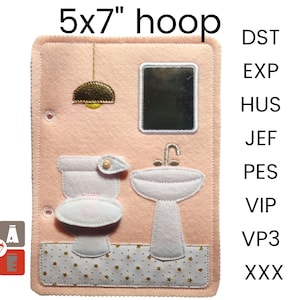 Dollhouse full bathroom Quiet book page embroidery design, Baby Toddler quiet book pattern, In the hoop, machine embroidery applique design