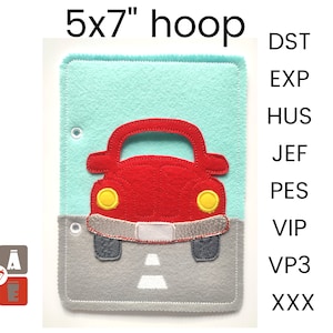 May include: A red felt car with yellow headlights and a white stripe on the road. The car is on a light blue felt background with a gray felt road. The image is 5x7 inches.