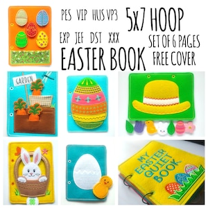 May include: A set of six felt pages for an Easter quiet book, featuring a garden scene, an egg with a pattern, a hat, a bunny in a basket, an egg, and a cover page with the text "My Easter Quiet Book".