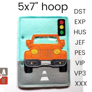 May include: A felt appliqué craft project for a 5x7 inch hoop. The project features a bright orange jeep driving on a gray road with a white stop sign. The jeep has a clear window and black tires. The background is a light blue felt. The letters DST, EXP, HUS, JEF, PES, VIP, VP3, and XXX are visible on the right side of the image.