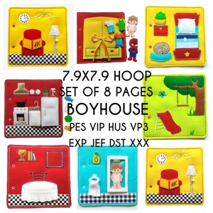 SET of 8 pages, Boyhouse Quiet book embroidery design, toddler quiet book pattern, In the hoop, machine embroidery applique design