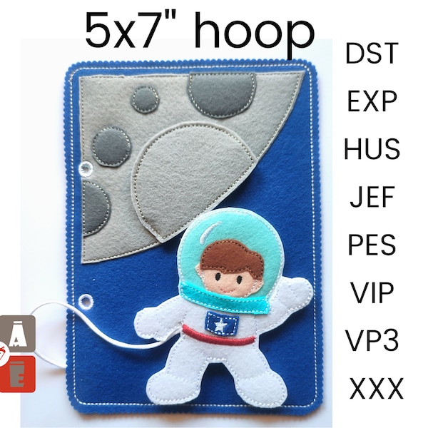 Astronaut quiet book page embroidery design, ith quiet book, stickdatei, In the hoop activity design, machine embroidery applique design