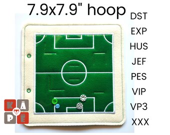 May include: A green felt soccer field with white lines and a center circle. The field is surrounded by a cream-colored border and has a 7.9x7.9 inch hoop. The image also includes the text "DST", "EXP", "HUS", "JEF", "PES", "VIP", "VP3", and "XXX".