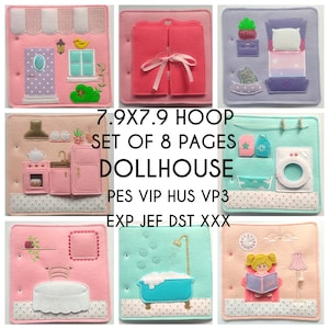SET of 8 pages, Dollhouse Quiet book embroidery design, toddler quiet book pattern, In the hoop, machine embroidery applique design