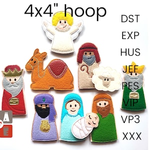 May include: A set of 10 felt finger puppets depicting characters from the Nativity story. The puppets are 4x4 inches and include a camel, a shepherd, a sheep, three wise men, an angel, Mary, Joseph, and baby Jesus. The puppets are designed for use in a Christmas play or for storytelling.