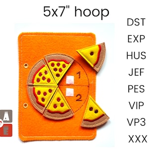 Pizza quiet book page embroidery design, Toddler quiet book pattern, In the hoop activity design, machine embroidery applique design