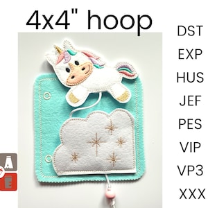 Unicorn quiet book page embroidery design, Toddler quiet book pattern, In the hoop activity design, machine embroidery applique design