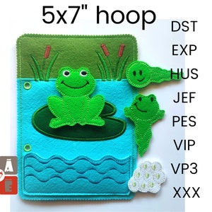 Frog quiet book page embroidery design, Toddler quiet book pattern, In the hoop activity design, machine embroidery applique design