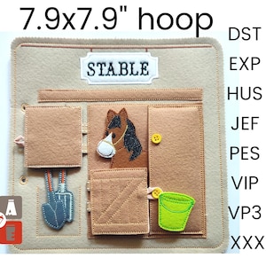 May include: A felt play mat with a horse stable scene. The mat features a brown horse, a bucket, and a saddle. The mat measures 7.9 inches by 7.9 inches. The mat has the word "STABLE" written on it.
