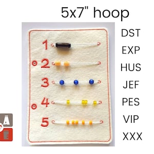 May include: A felt counting board, approximately 5 x 7 inches, with five rows of beads in various colors. The numbers 1 through 5 are embroidered in red. The board has a red stitched border and the text "5x7" hoop".